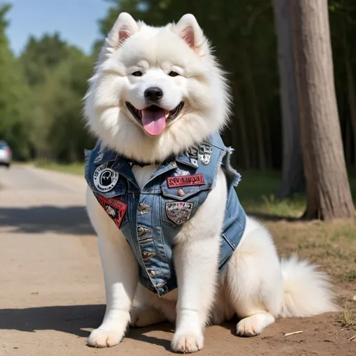 Prompt: Samoyed wearing a heavy metal music denim vest with patches