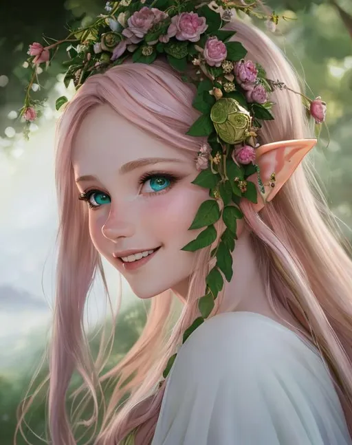 Prompt: portrait, 21 years, pink with blonde highlights, elf ears, Heterochromia green eyes, ethereal, royal vibe, huge smile, happy, infantile, wild hair, highly detailed, detailed and high quality background, oil painting, digital painting, Trending on artstation , UHD, 128K,  quality, Big Eyes, artgerm, highest quality stylized character concept masterpiece, award winning digital 3d, hyper-realistic, intricate, 128K, UHD, HDR, image of a gorgeous, beautiful, dirty, highly detailed face, hyper-realistic facial features, cinematic 3D volumetric