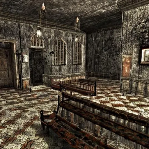 Prompt: silent hill, resident evil, dark church, corrupted holy place, haunting ground