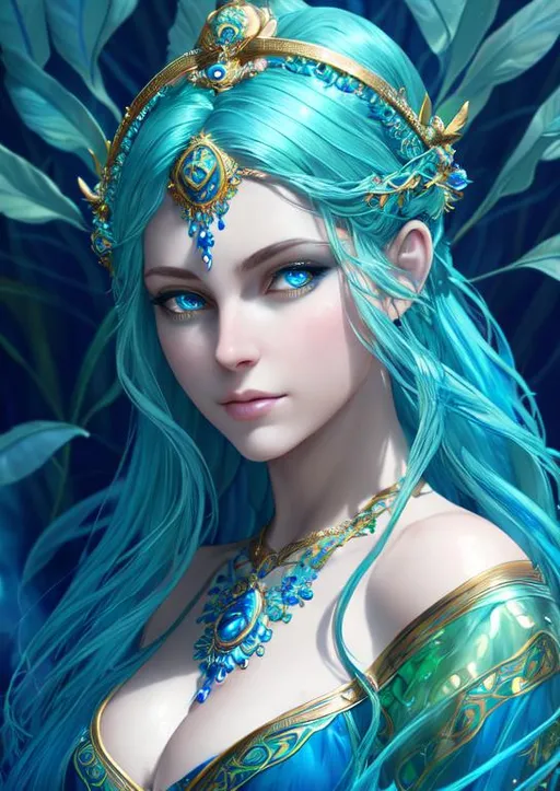 Prompt: portrait of goddess of water, wearing blue and green dress, oil painting, aquatic elemental, sanctum, straight blue hair, blessed, shiny blue eyes, detailed lips, mesmerizing, gorgeous, stunning, highly detailed concept art, high resolution scan, hd octane render, intricate detailed, highly detailed face, unreal engine, trending on artstation, UHD, 8k, Very detailed