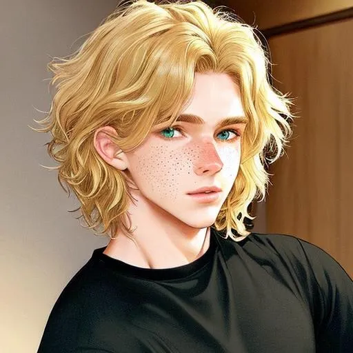 Prompt: 5’9 male, fair skin, fit, slight freckles dusting his cheeks. Very short golden blonde fluffy flowy hair. Green eyes. Wearing a black shirt.