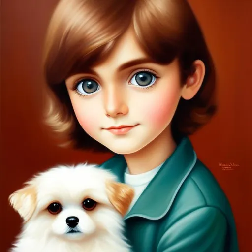 Prompt: Margaret D. H. Keane painting style of brown hair boy with big eyes holding a white fluffy dog with big eyes