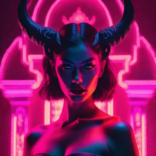 Prompt: beautiful female demon, hell, demonic, vaporwave, retro, neon, aesthetic, liminal, high quality, high definition, beautiful, dramatic lighting