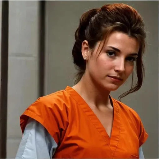 Prompt: Aeris Gainsborough in prison wearing orange scrubs prison uniform