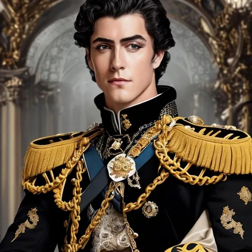 Prompt: a handsome European prince wearing a black suite and has back hair and, black eyes, gold accessories on clothing  sitting with a tilted up camera  angle close shot 
 