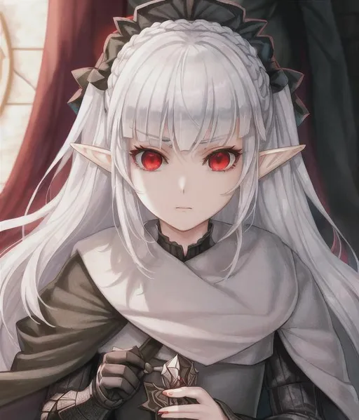 Prompt: Female with silver hair, portrait, elf, red eyes, 4k, hyperrealisitic, royal princess, berserk, game of thrones, small chest,