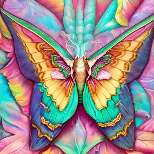 Prompt: Pastel atlas moth diorama in the style of Lisa frank