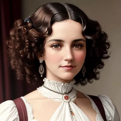 Prompt: An attractive 35 year old woman with very curly hair, elegant, Victorian era, 19th century, facial closeup, in color