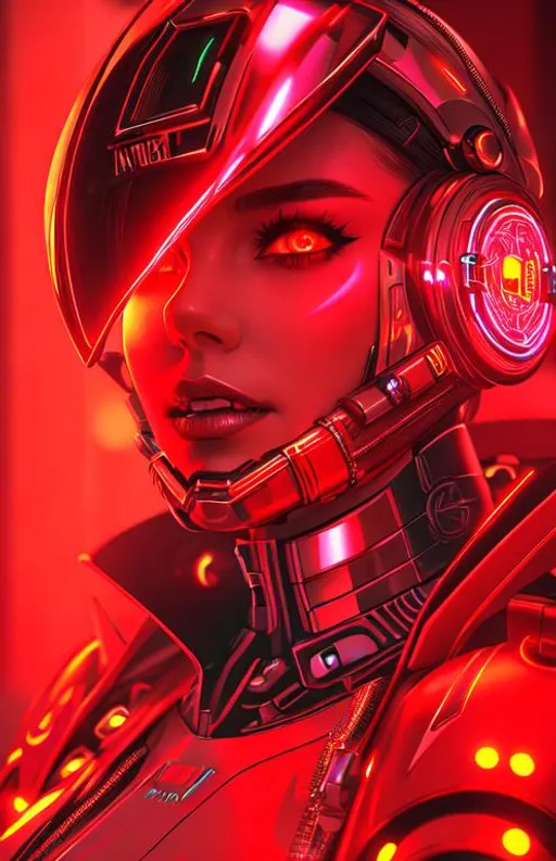 Prompt: futuristic female cyborg with a metal teeth mask, hyper realistic, dramatic lighting, 4k, high contrast, cyberpunk cityscape, neon lighting, club scene, trending on Artstation, nightfall, staring over her shoulder at the viewer