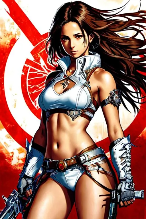 Prompt: Devil May Cry Art (((Yoji Shinkawa))), sticker of ultra detailed portrait of Naomi Scott in detailed white holy armor, high quality cell shaded illustration in post apocalyptic style by Yoji Shinkawa, ((full body)), dynamic pose, perfect anatomy, centered, freedom, soul, brown long hair,tan skin approach to perfection, cell shading, 4k , cinematic dramatic atmosphere, watercolor painting, global illumination, detailed and intricate environment, artstation, concept art, fluid and sharp focus, volumetric lighting, cinematic lighting, Art by Ilya Kuvshinov
