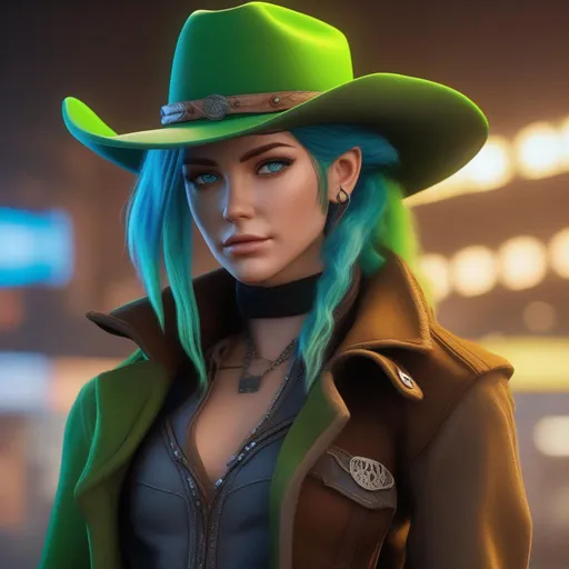 Prompt: She has a long, distinctive neon-green that fades to neon-blue hair in a ponytail, green and blue eyes, wearing a long brown coat, grey vest, denim pants, black cowboy boots, holding a pistol, wearing a brown sheriff's cowboy hat, 8k, UHD, heavily detailed,