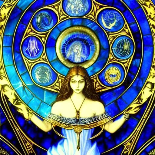 Prompt: Gothic, Female Gemini zodiac sign, beautiful, full face, symmetry, beautiful eyes, drawing, dynamic setting, realistic proportions, correct proportions, detailed blue, black, gold, copper, jade tinted, grim, Leonardo da Vinci, 