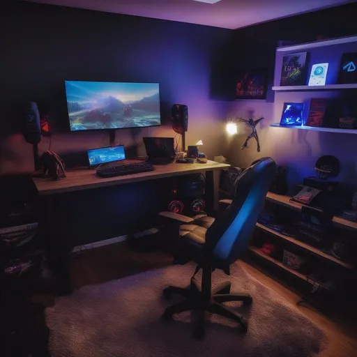 Prompt: Gaming bedroom at night