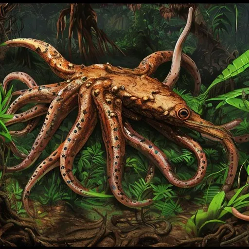 Prompt: mud squid, jungle, under ground, huge, carnivore