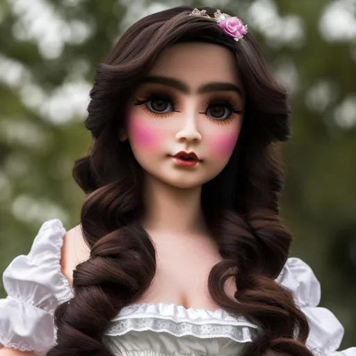 Prompt: A mexican woman turned into a porcelain doll in a victorian dress, hyper realistic with a shiny gleam on her skin. sharp focus image, with a resolution of 16k, full body picture.