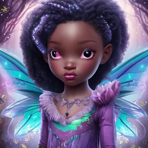 Prompt: Create fairy tale creatures with young Black girl features. Fairy colors. Fairies. Unicorns. Outside, daylight. Science fiction. 64k. UHD, HDR. ((Masterpiece))