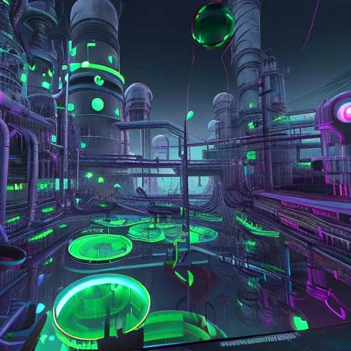 Prompt: vrchat world, the organism, megatropolis sewer with neon green, radioactive water flowing from pipes, black and green industrial sewer 