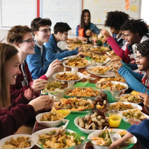Prompt: High school students sitting at a long table enjoying a potluck lunch