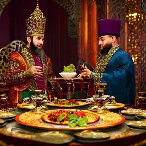 Prompt: The ottoman sultan eats with the vizier at the table rtx detailed matte painting, deep color, fantastical, intricate detail, splash screen, complementary colors, fantasy concept art, 8k resolution trending on Artstation Unreal Engine 5 rtx