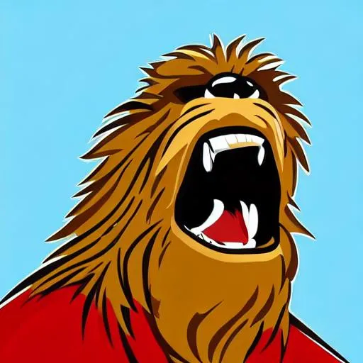 Prompt: side profile, 2d ferocious {Chewbacca the wookiee}, animated, vector illustration, angry blue eyes, logo, red robe, Life-day, 2d flat, centered, die-cut sticker
