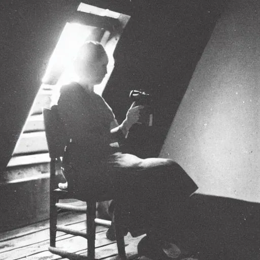 Prompt: Woman seated holding a camera in a dark attic
