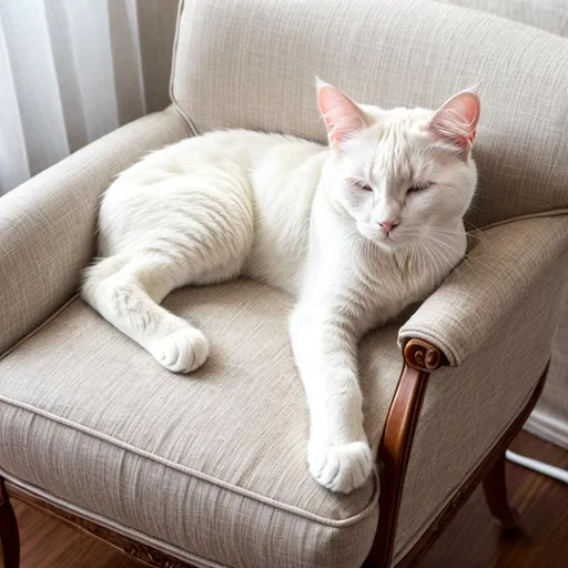 Prompt: Extremely beautiful white cat sleeping on chair