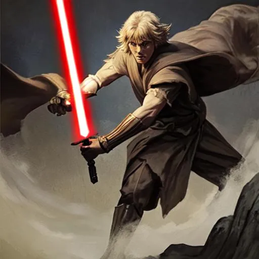 Prompt: Master holding light saber while attacking monsters