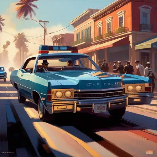 Prompt: Mafia III, car chase, cops, cartoony, sunny atmosphere, extremely detailed painting by Greg Rutkowski and by Henry Justice Ford and by Steve Henderson