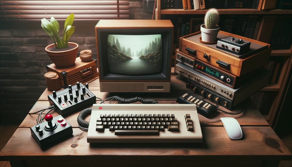Prompt: A photo of a retro Commodore 64 computer setup on a wooden desk with a vintage monitor and joystick.