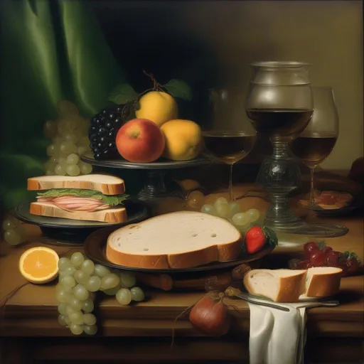 Prompt: sandwiches, glasses and fruits presented on a wooden table, oil painting, in the style of Hans Holbein