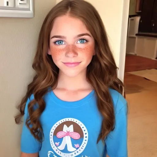 Prompt: A pretty girl named Cora she has brown hair and brown eyes she also has freckles on her face she is wearing a blue shirt and a Lulu lemon white skirt also she a around 10 years old