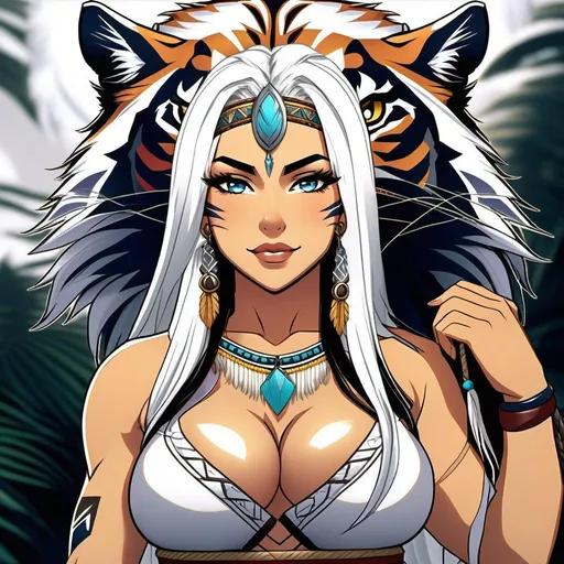 Prompt: young native america goddess, busty, long white hair, (scars), (tattoos). Full body zoom-out. Prefect face. Exotic beauty. muscles. Elvin features. Tigers. (visible toes),(petite), (short), anime