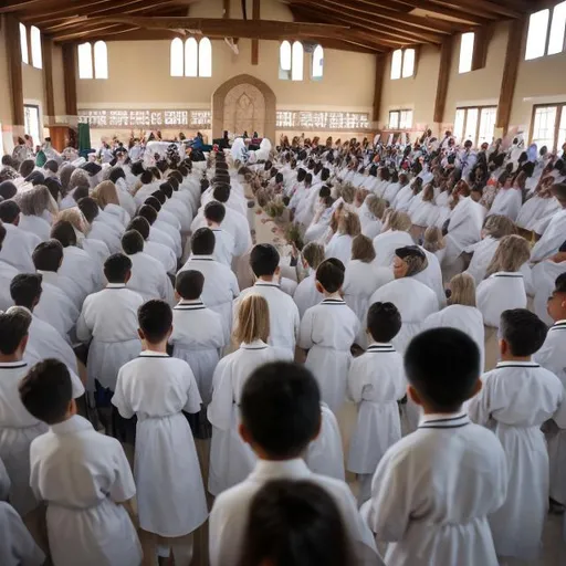 Prompt: Public school aged Children at an elementary school, in Genevan gowns, baptizing other children, reformed, church service, eucharist