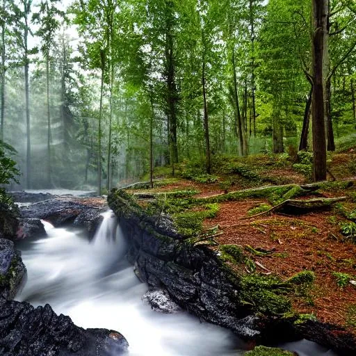 Prompt: Forest with wild water steam and sunlight