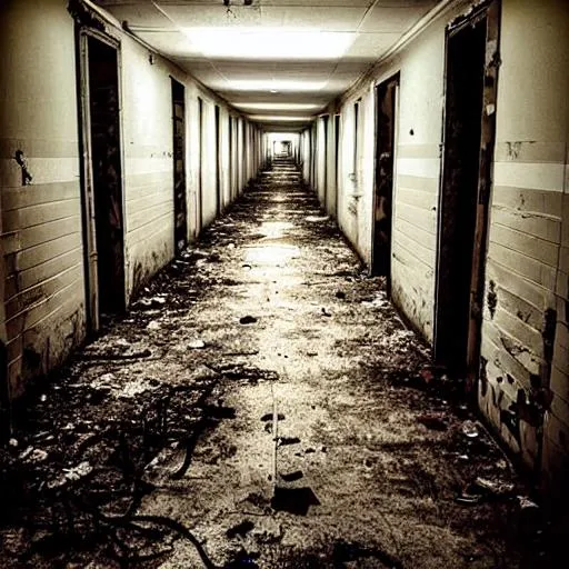 Prompt: Creepy abandoned school hallway