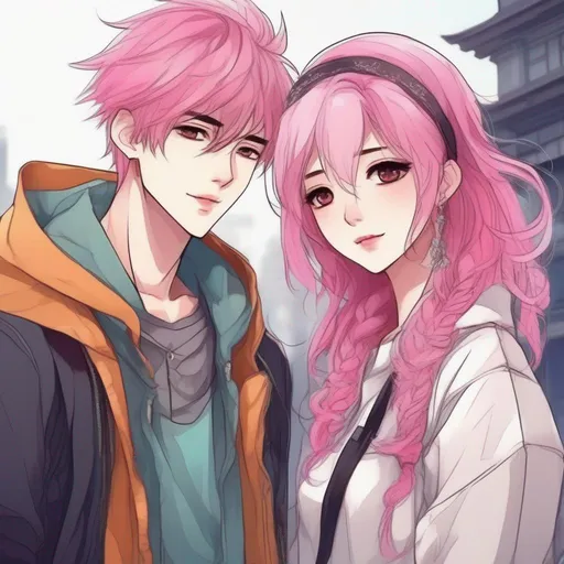 Prompt:     anime boy manhwa style cute and pretty, with eye pretty detailed , with pink hair,  Bright style, With his partner a girl