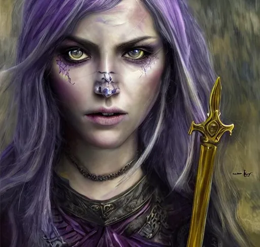 Prompt: realistic , detailed , 8k , accurate , high quality head , high quality face , fantasy style , oil art , lavender skin color , yellow eyes , women , with a sword , staring at the camera , menacing