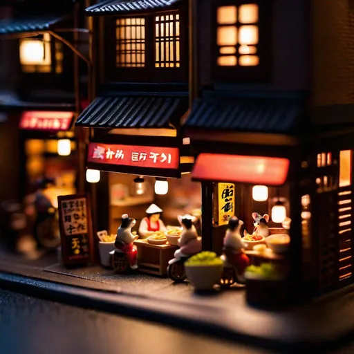 Prompt: miniature ramen shop diorama macro photography, alleyway, ramen shop for mice, ambient, atmospheric, japanese , after hours, crowd ramen shop 