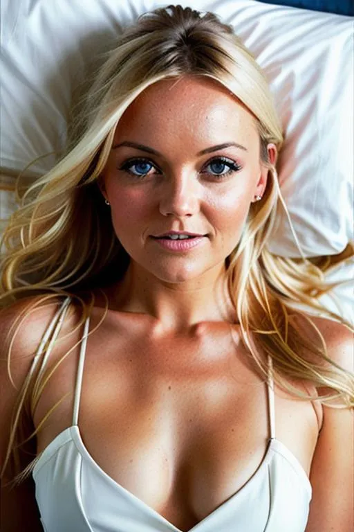 Prompt: Please produce photography of a beautiful girl, looks like Emma Bunton at 18 with pretty eyes lying a on bed in seductive poses in a professional photoshoot and messy hair, symmetrical face, Bright eyes with highlights . professional lighting, highly detailed in the photography style of Petter Hegre art by greg rutkowski slightly open sensual mouth professionally retouched