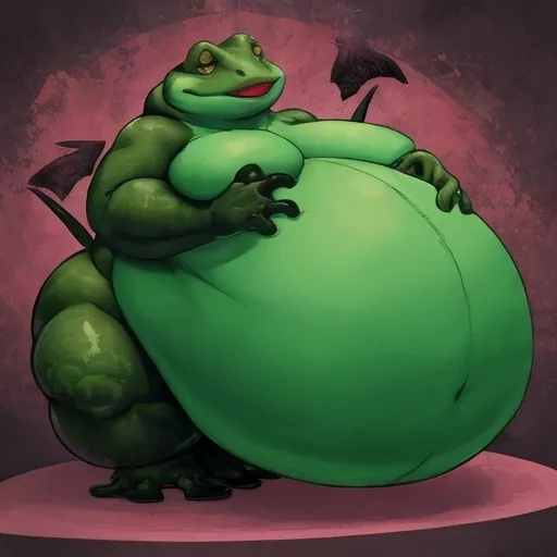 Prompt: Demon frog biggest gluttony oversized belly extremely inflation giant and fat