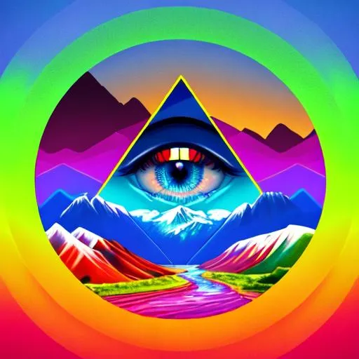 Prompt: landscape of a Colorful futuristic nature, a river, realistic, a big mountain in the shape of a perfect triangle, an eye in the center of the mountain, ultra details, best quality, 4K image