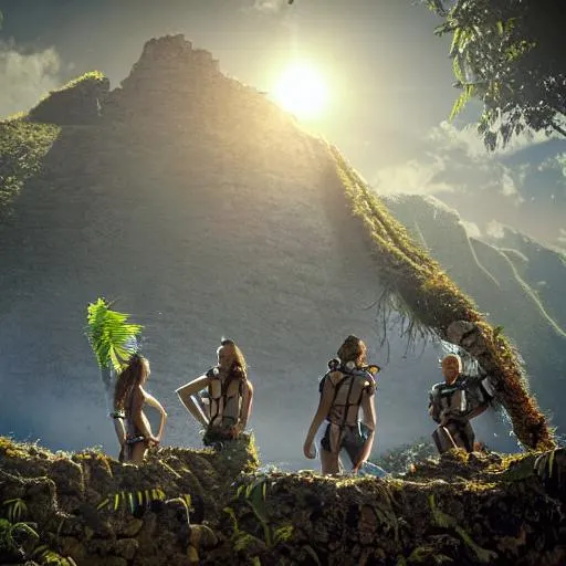 Prompt: A group of future explorers at the ruins of an ancient Polynesian city found in the mountains of an alien world with alien plants, cinematic lighting photo-realistic
