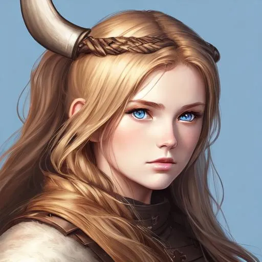 Prompt: digital art, Young woman viking, medium-length brown hair with streaks of blonde, light blue eyes, 20 years old