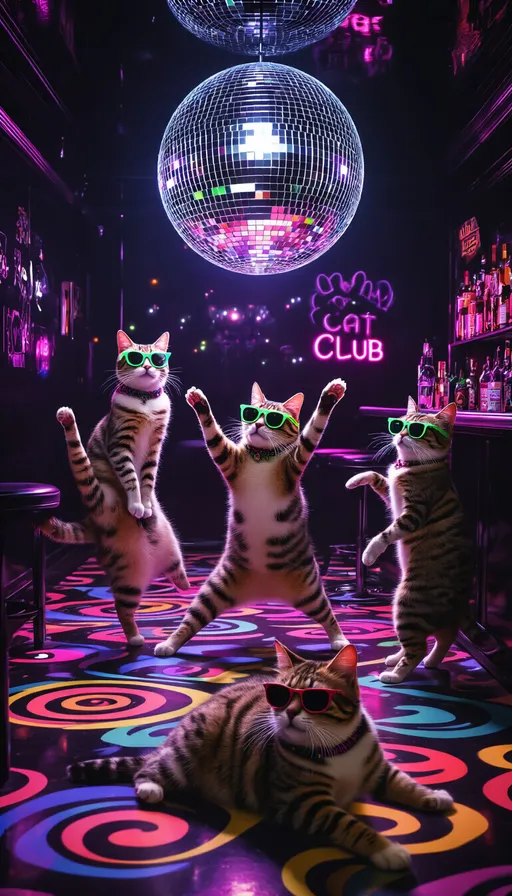 Prompt: a group of cats wearing sunglasses dancing in underground cat club 