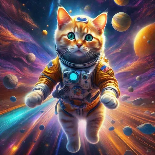 Prompt: Psychedelic concept art of Ricky a gray cat in a space suit with Floating through empty space chasing butter. Exquisite Detail Everything is perfectly to scale, HD, UHD, 8k Resolution, Vibrant Colorful Award winning Image 