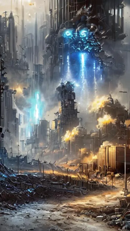 Prompt: Nuclear wasteland, human clone factory, fighting for survival, time is running out, hyper detailed, photorealistic, spaceship, cyberpunk, mech, firing missiles