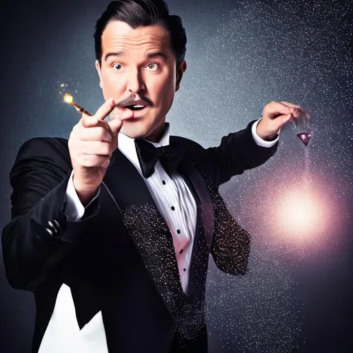 Prompt: Magician in a tuxedo casting a sparkly magic spell with his center thyroid 