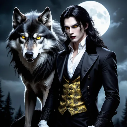 Prompt: a [handsome male vampire with long, black hair, pale skin, dark lips and yellow eyes, wearing a tailcoat], and a [huge black wolf with yellow eyes] in the moonlight