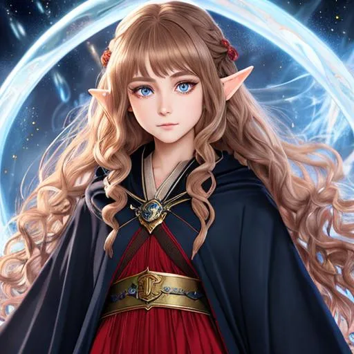 Prompt: "Full body, oil painting, fantasy, anime portrait of a young hobbit woman with flowing curly light brown hair and dark blue eyes, short elf ears | wearing intricate red and black wizard robes, #3238, UHD, hd , 8k eyes, detailed face, big anime dreamy eyes, 8k eyes, intricate details, insanely detailed, masterpiece, cinematic lighting, 8k, complementary colors, golden ratio, octane render, volumetric lighting, unreal 5, artwork, concept art, cover, top model, light on hair colorful glamourous hyperdetailed medieval city background, intricate hyperdetailed breathtaking colorful glamorous scenic view landscape, ultra-fine details, hyper-focused, deep colors, dramatic lighting, ambient lighting god rays, flowers, garden | by sakimi chan, artgerm, wlop, pixiv, tumblr, instagram, deviantart