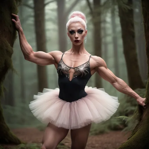 Prompt: (focused character gorgeous ultra-muscular 25-year-old Swedish drag queen bodybuilder), (elegant ballet pose), soft warm lighting, flowing pastel-colored tutu, enchanted forest background, delicate expression, intricate details in attire, dark eyeshadow,  dark red lipstick, immersive atmosphere, ethereal vibe, graceful movements, dreamy ambiance, intricate ballet shoes, glowing soft light filtering through trees, beautiful HD quality, atmospheric cinematic mastery